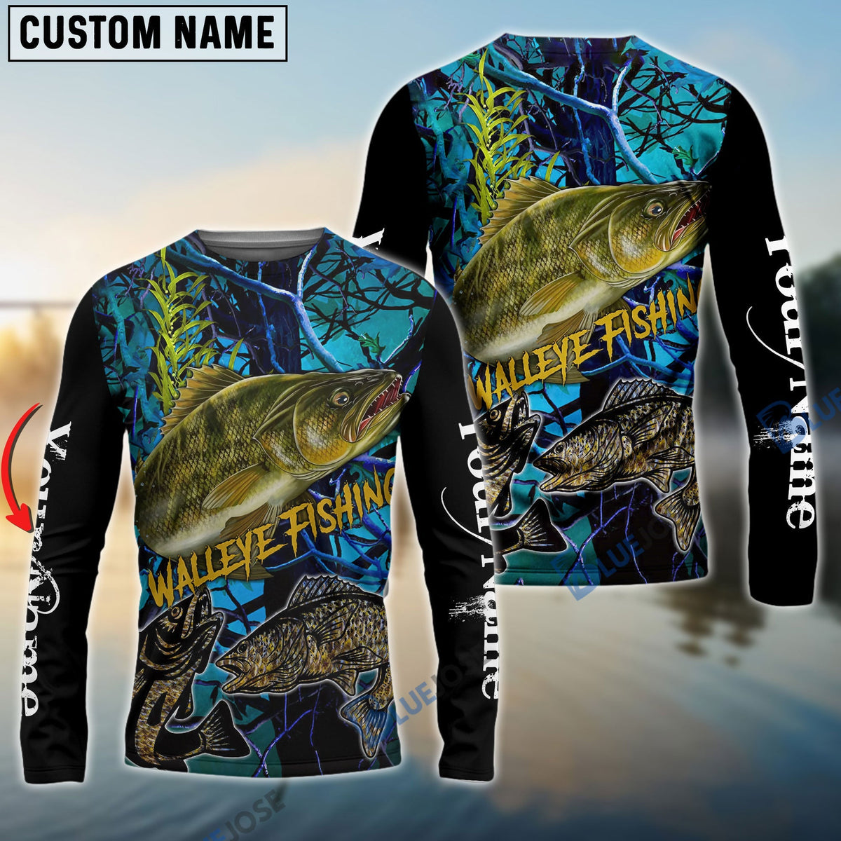 BlueJose Blue Camo Walleye Fishing Custom  Long Sleeve Fishing Shirts