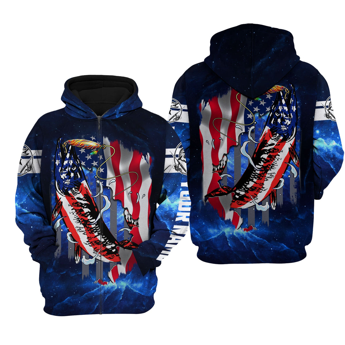 BlueJose Musky Fishing 3D American Flag Patriot Customize Name 3D Shirts