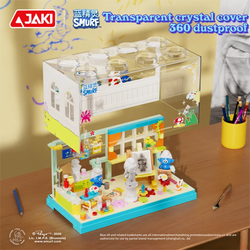 Smurfs Painting Room Magic House Building Blocks Cartoon Hut Model Bricks With Dust Cover Educational DIY Toys Holiday Gifts