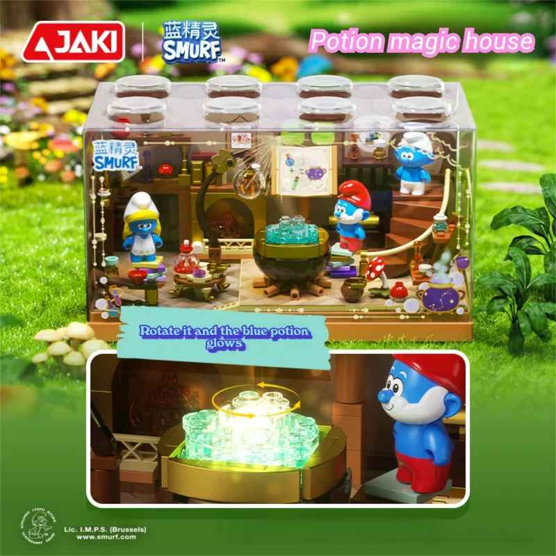 Smurfs Painting Room Magic House Building Blocks Cartoon Hut Model Bricks With Dust Cover Educational DIY Toys Holiday Gifts