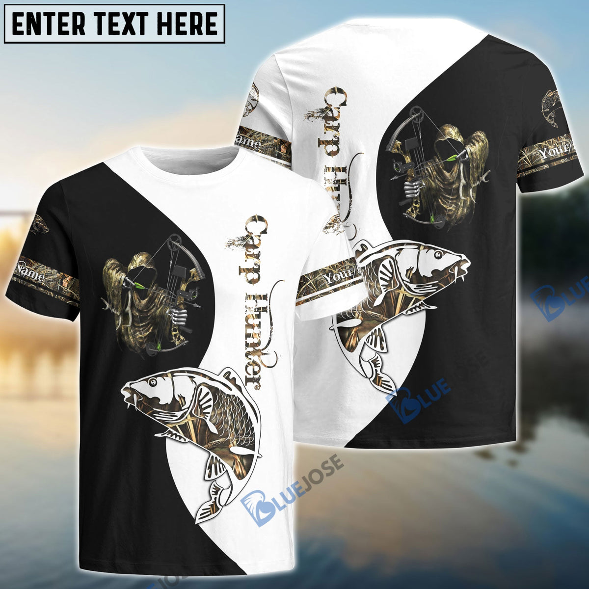 BlueJose Carp Hunter Bow Fishing Camo Customize Name 3D Shirts