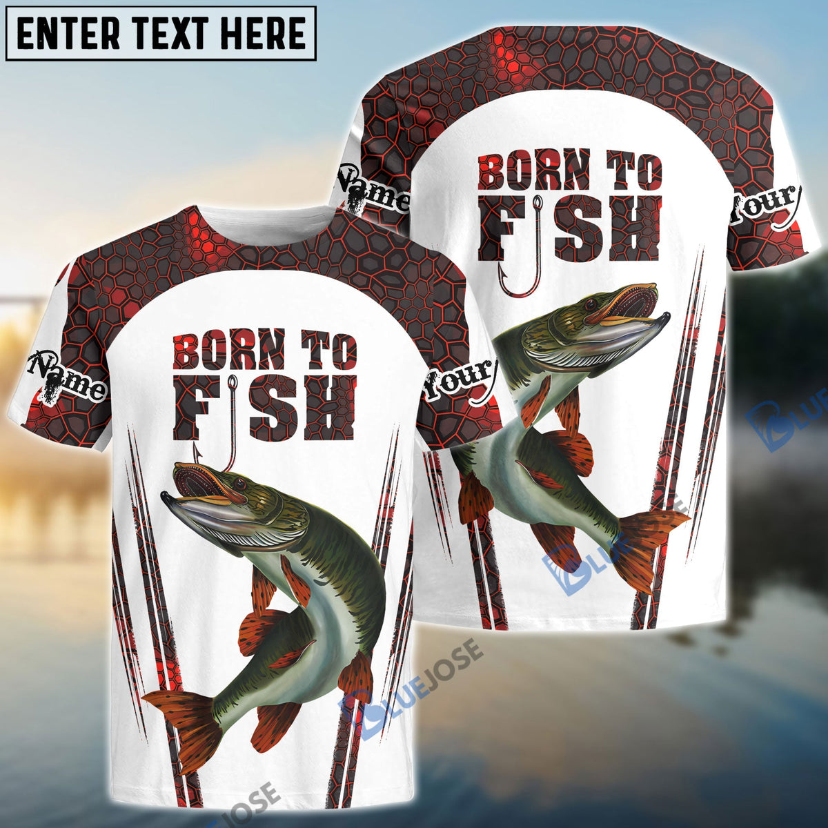 BlueJose "Born To Fish" Musky Fishing Red Camo Custom Name   Long Sleeve Fishing Shirts