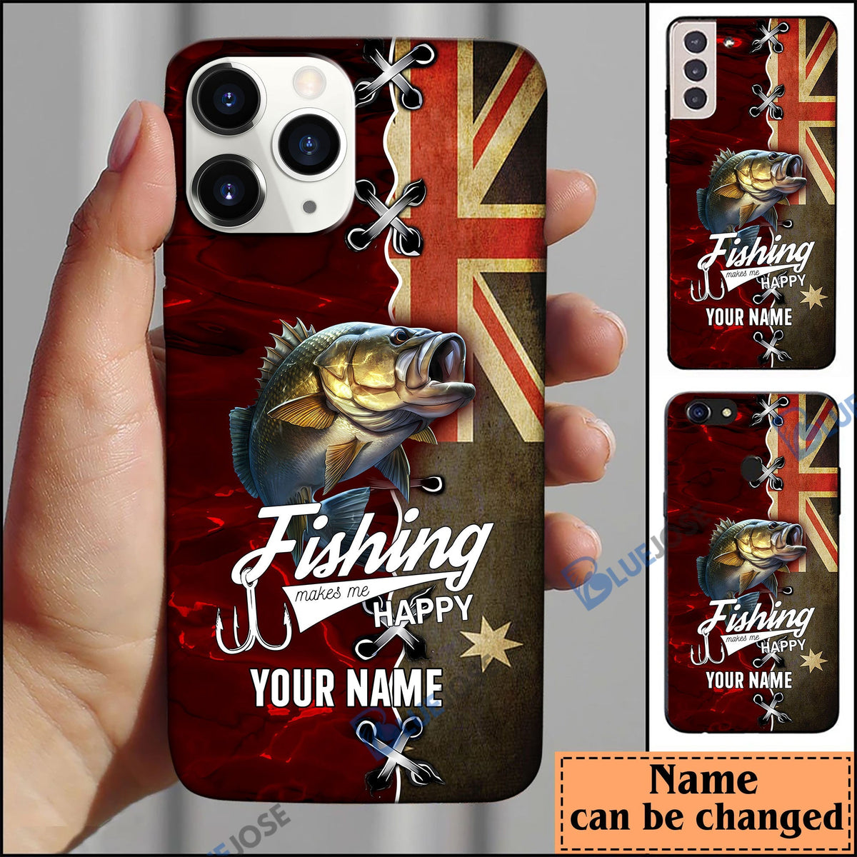 BlueJose Bass Fishing Red Flag Personalized Name Phone Case (USA, CA, AU)
