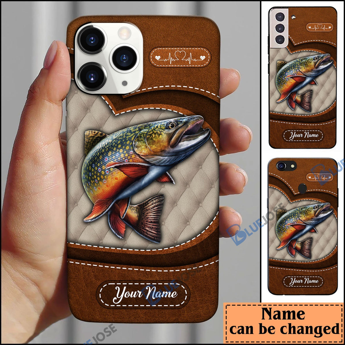 BlueJose Trout Fish Heart Leather Pattern Personalized Name Phone Case