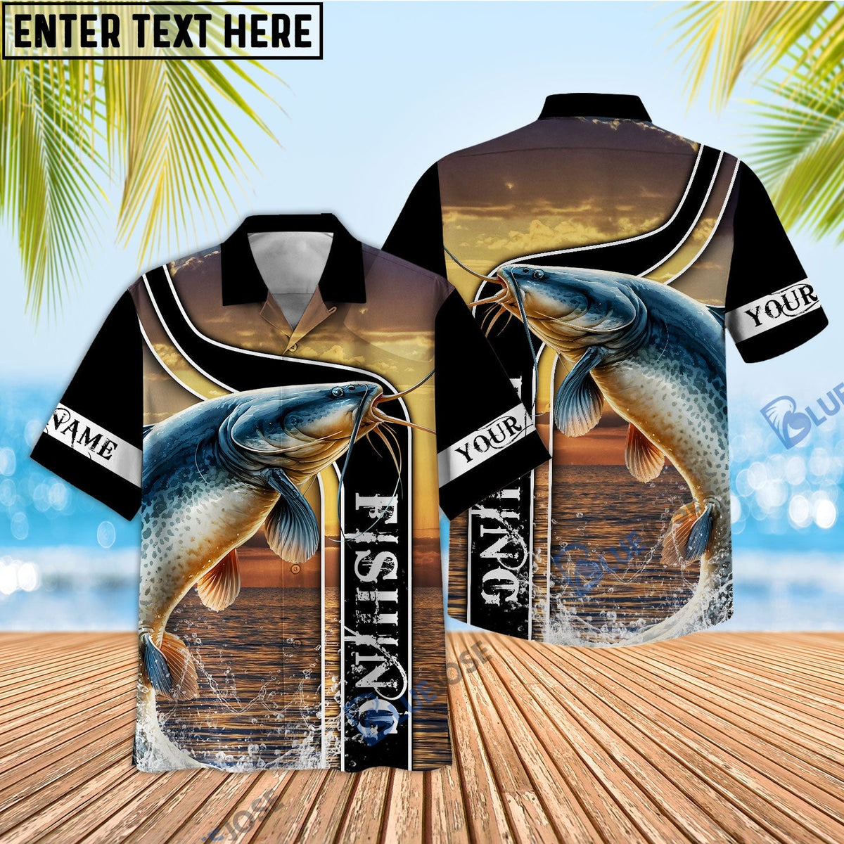 BlueJose Catfish Fishing Sunset Custom Name 3D Shirt