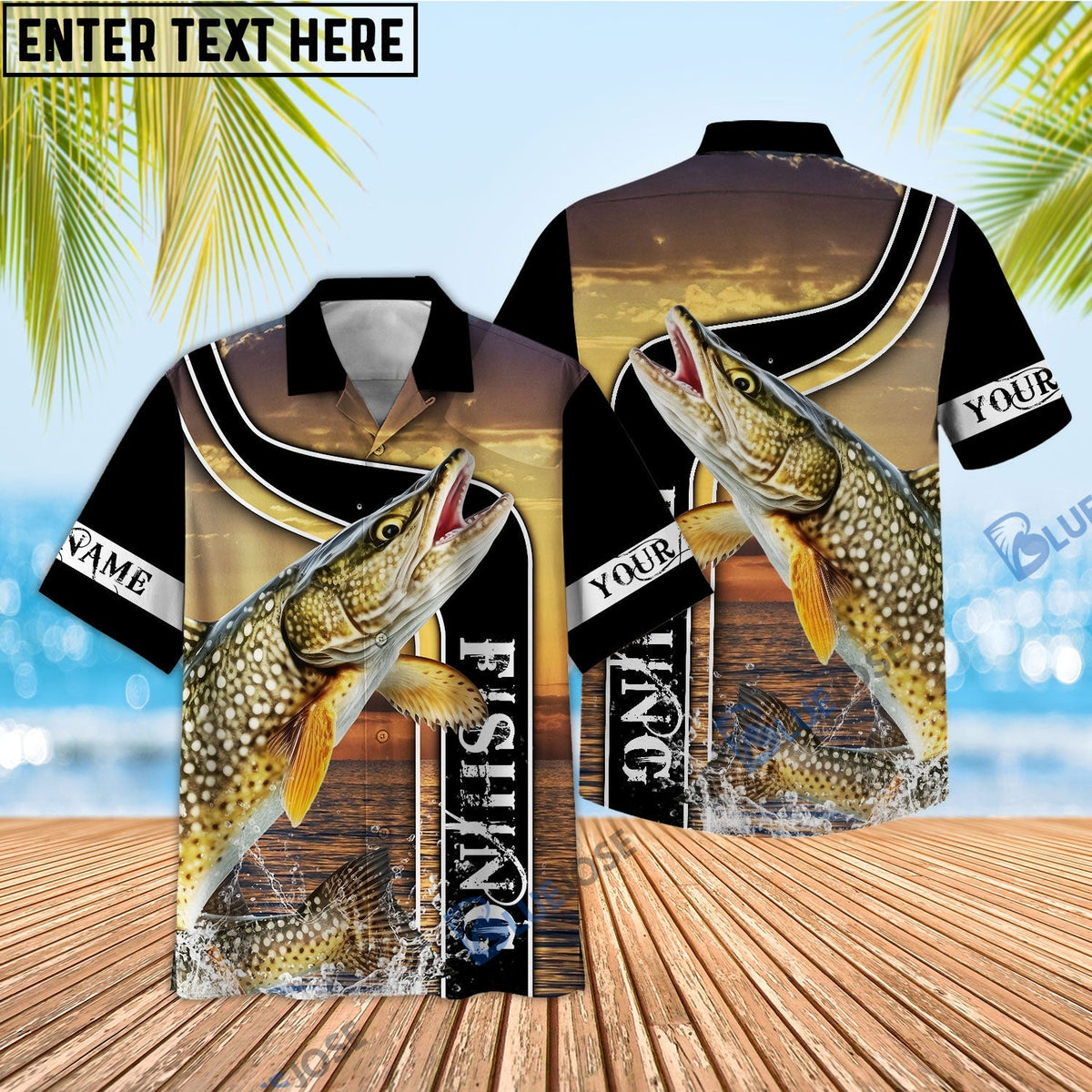 BlueJose Pike Fishing Sunset Custom Name 3D Shirt