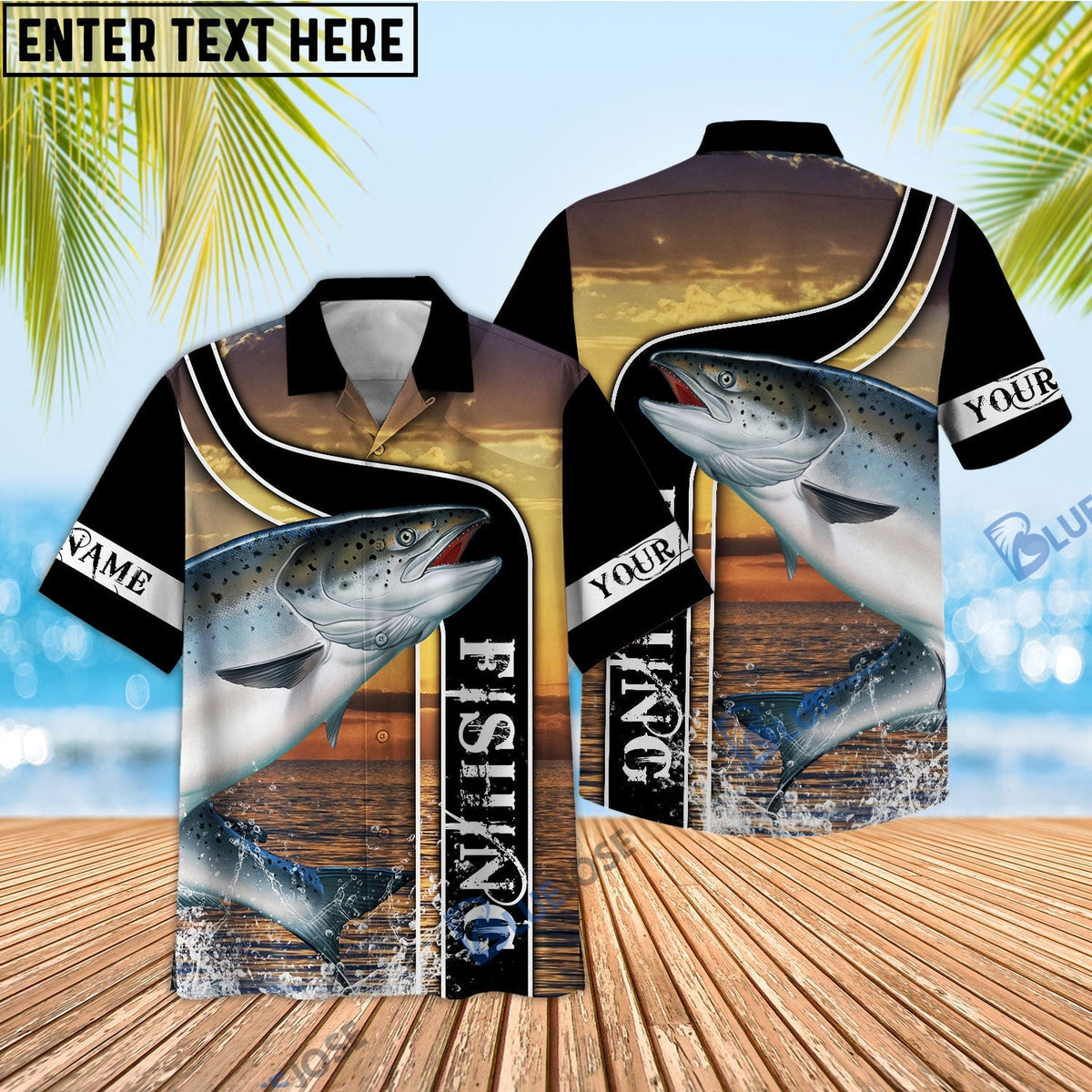 BlueJose Salmon Fishing Sunset Custom Name 3D Shirt