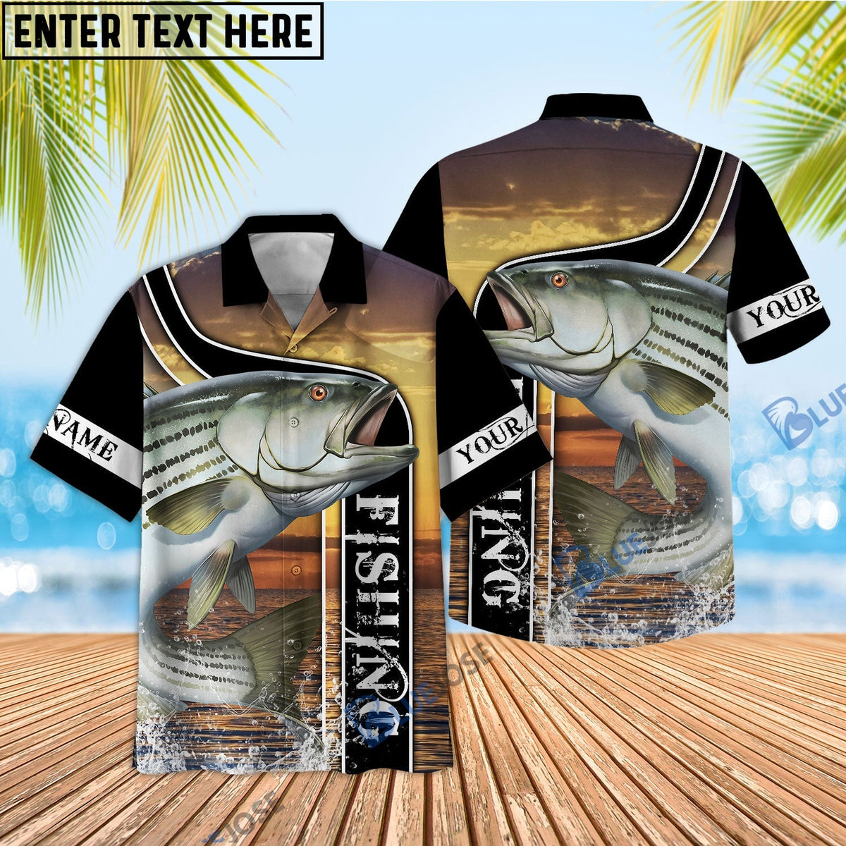BlueJose Striped Bass Fishing Sunset Custom Name 3D Shirt