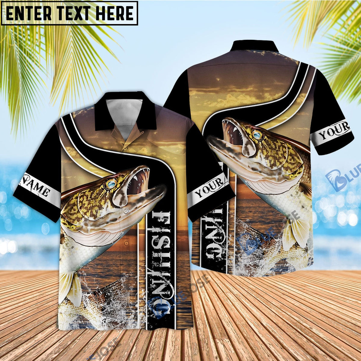 BlueJose Walleye Fishing Sunset Custom Name 3D Shirt