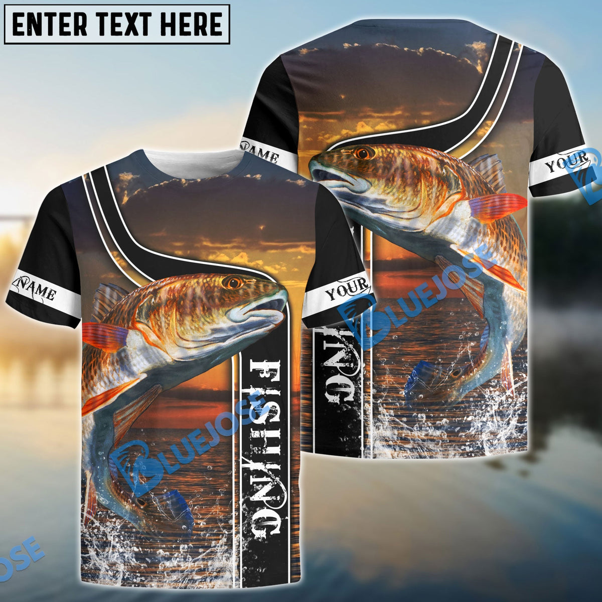 BlueJose Redfish Fishing Sunset Custom Name 3D Shirt