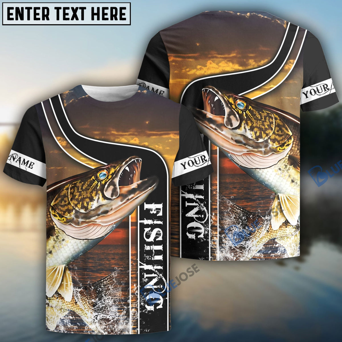 BlueJose Walleye Fishing Sunset Custom Name 3D Shirt