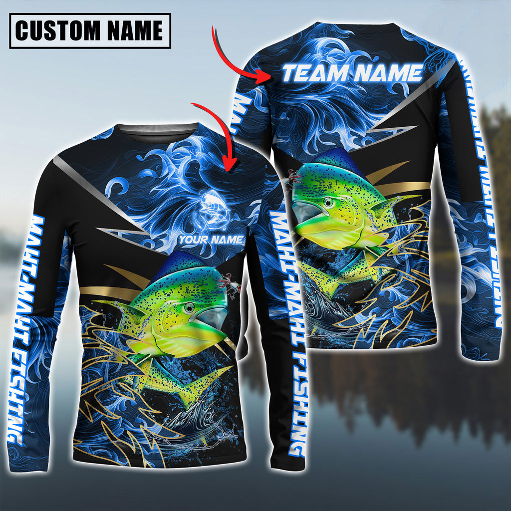 BlueJose Mahimahi Fishing Blue Flame Premium Golden & Silver Line Pattern Custom Name & Team Name 3D Shirts