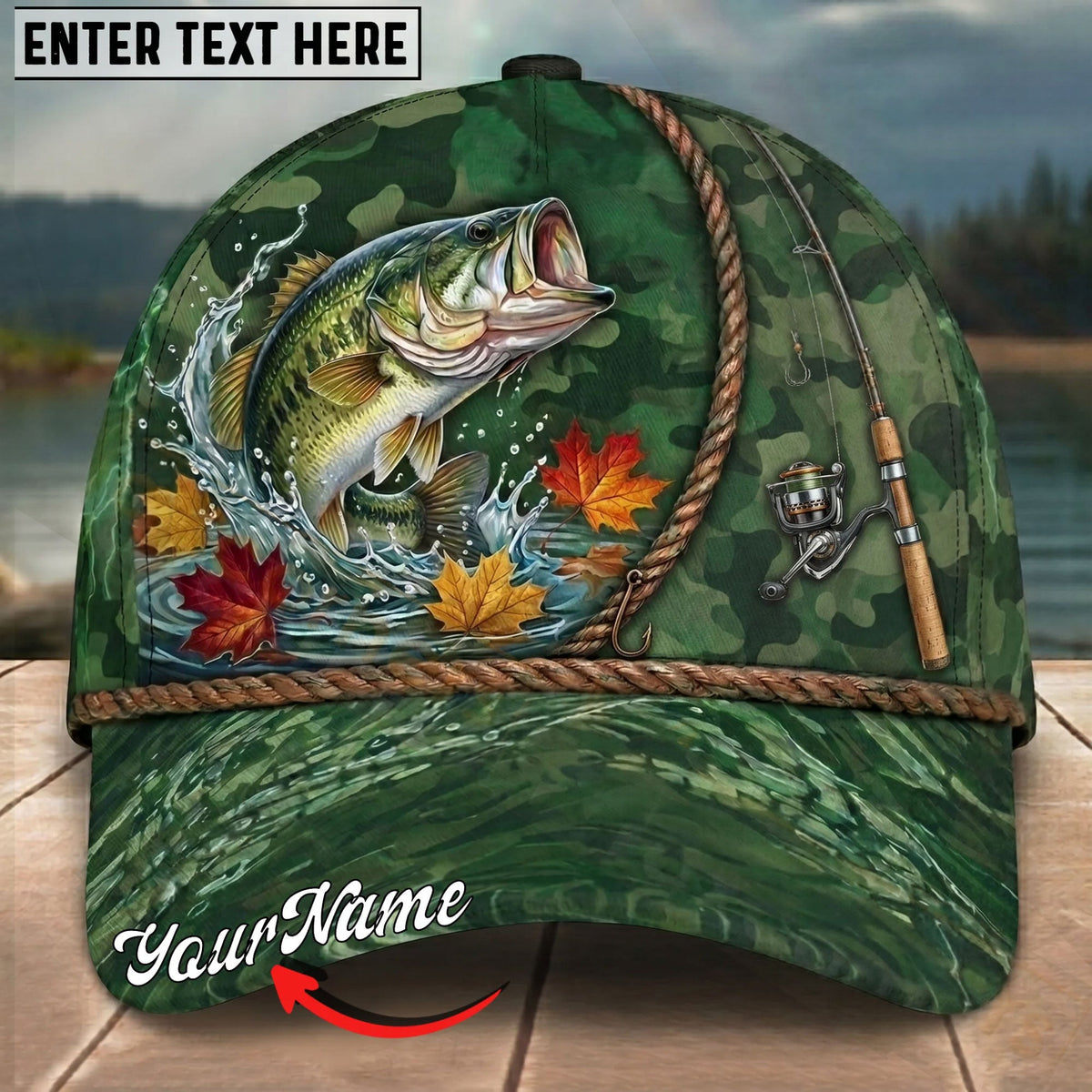 BlueJose Fishing Green Camo Autumn Leaves Rope Personalized Name Classic 3D Cap Personalized Cap (13 Breeds)