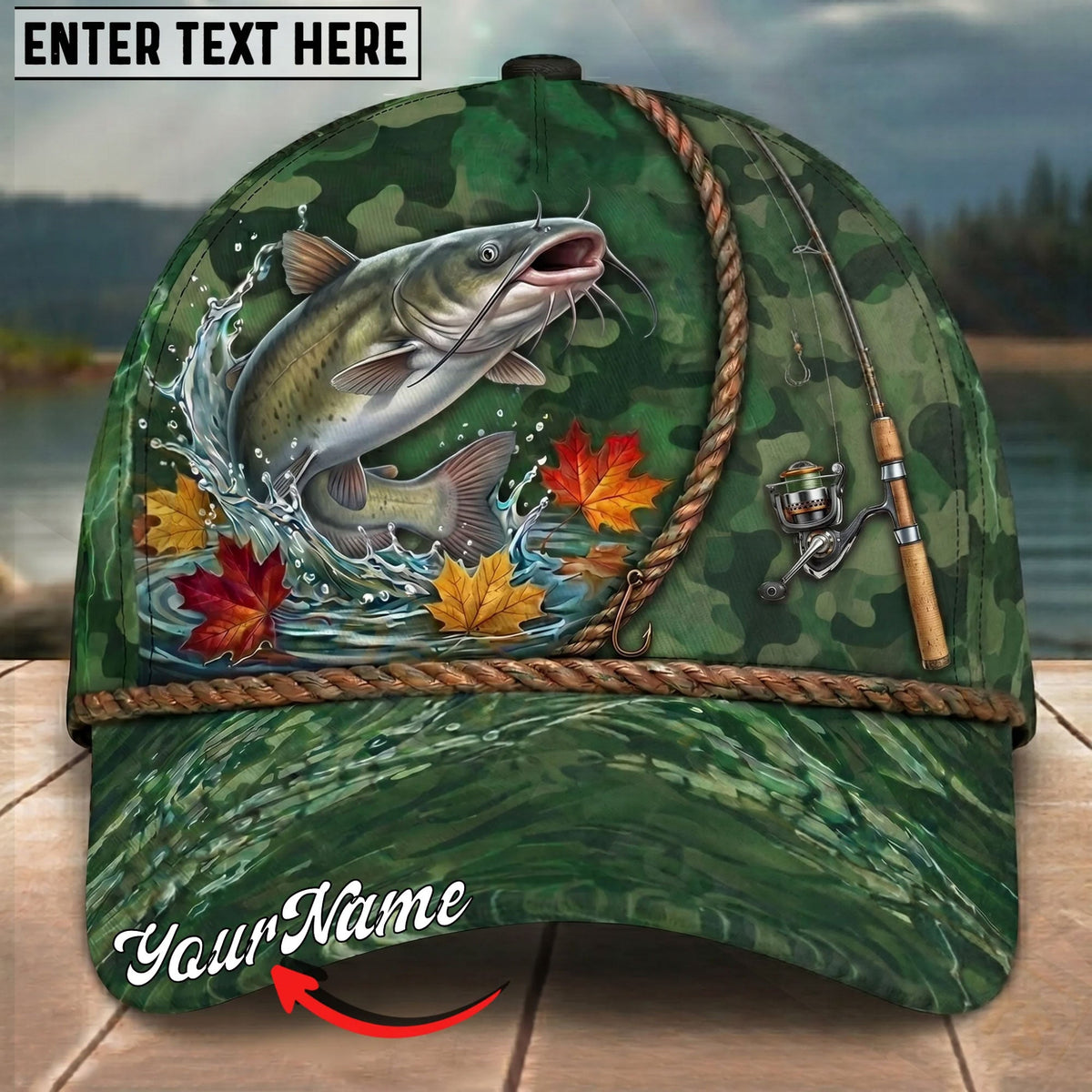 BlueJose Fishing Green Camo Autumn Leaves Rope Personalized Name Classic 3D Cap Personalized Cap (13 Breeds)