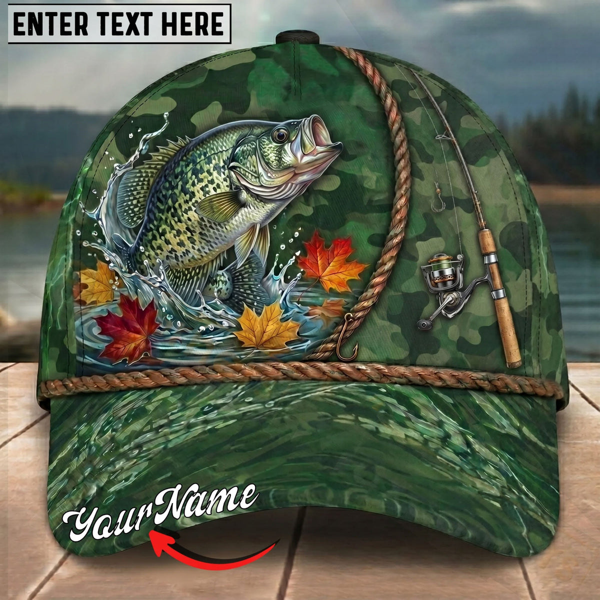 BlueJose Fishing Green Camo Autumn Leaves Rope Personalized Name Classic 3D Cap Personalized Cap (13 Breeds)