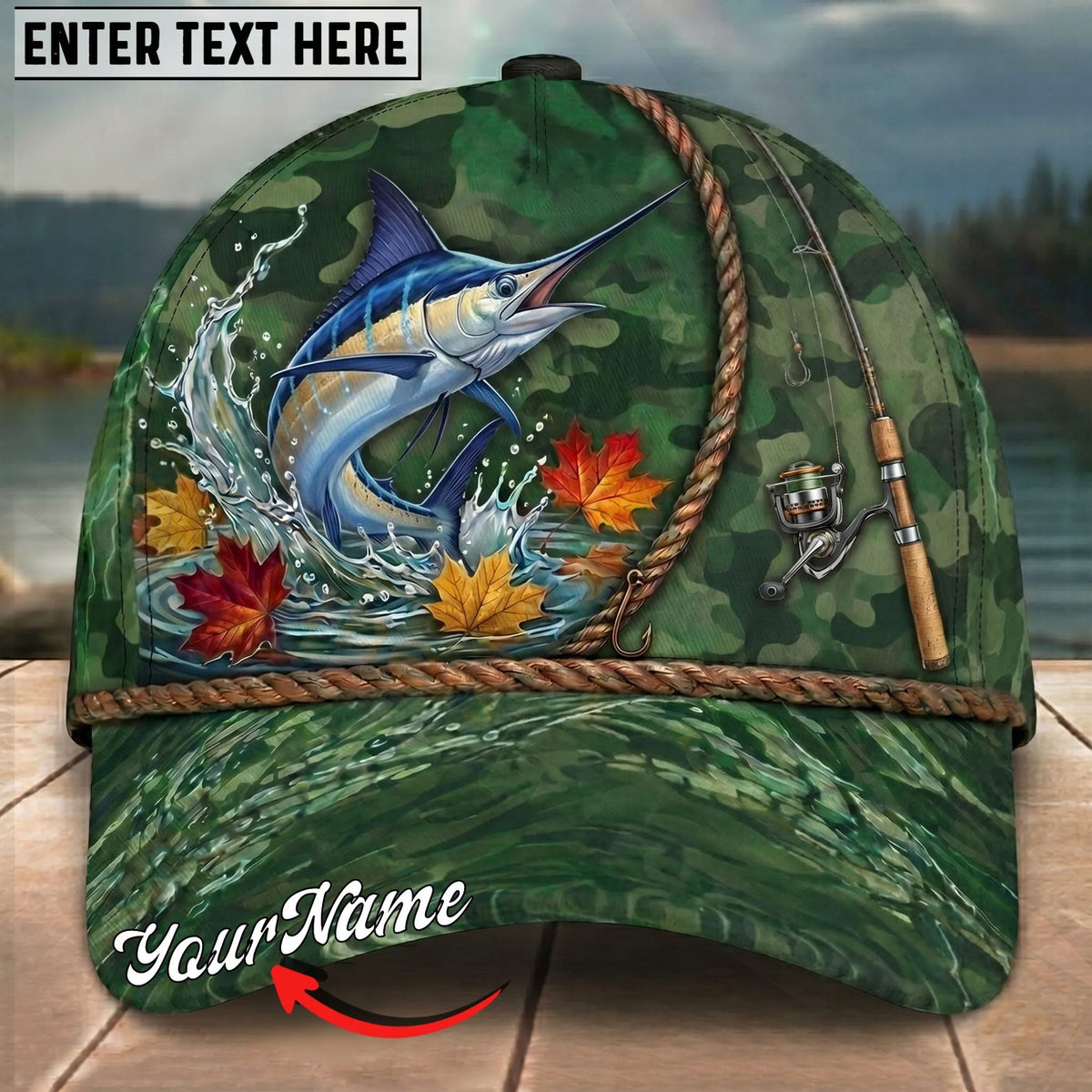 BlueJose Fishing Green Camo Autumn Leaves Rope Personalized Name Classic 3D Cap Personalized Cap (13 Breeds)