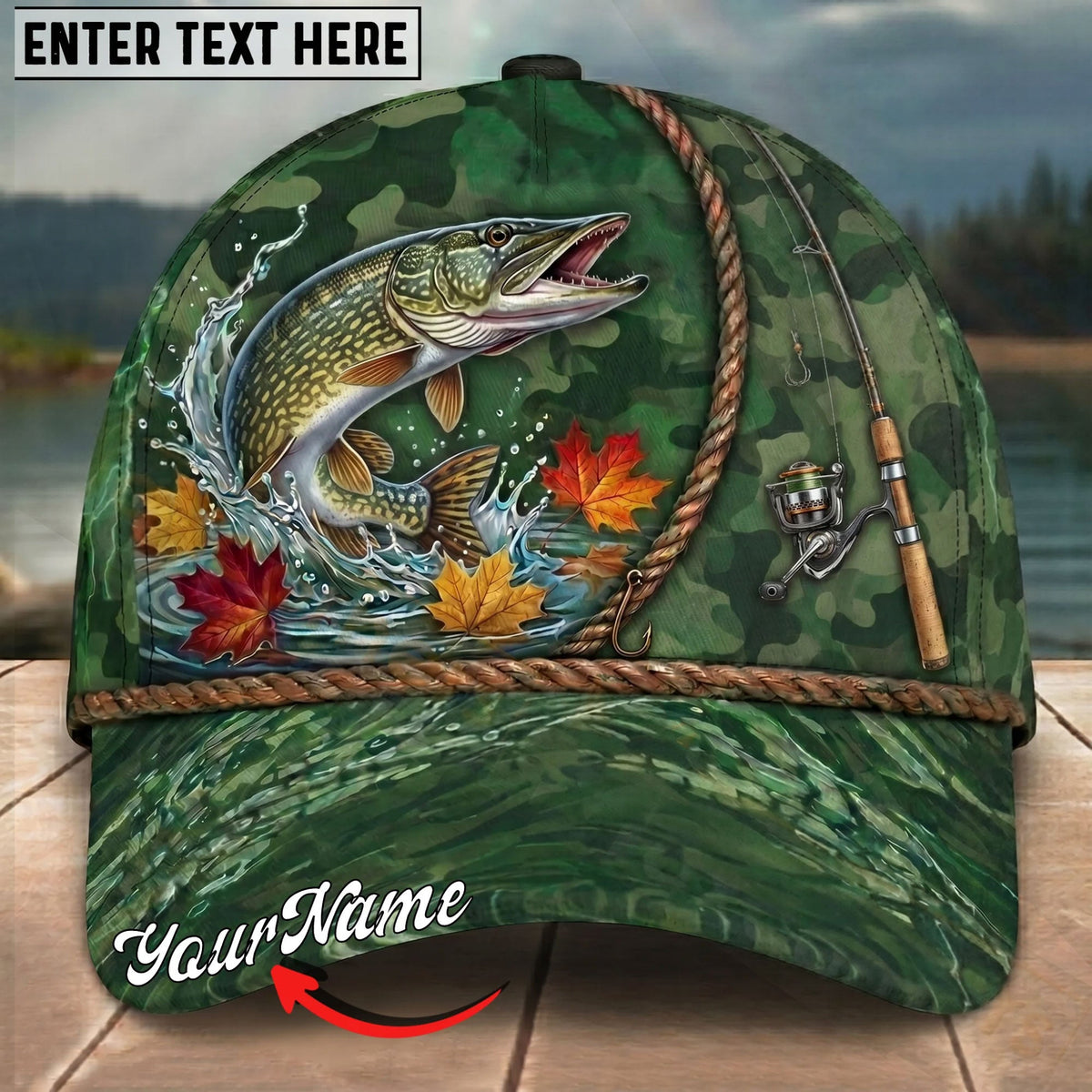 BlueJose Fishing Green Camo Autumn Leaves Rope Personalized Name Classic 3D Cap Personalized Cap (13 Breeds)