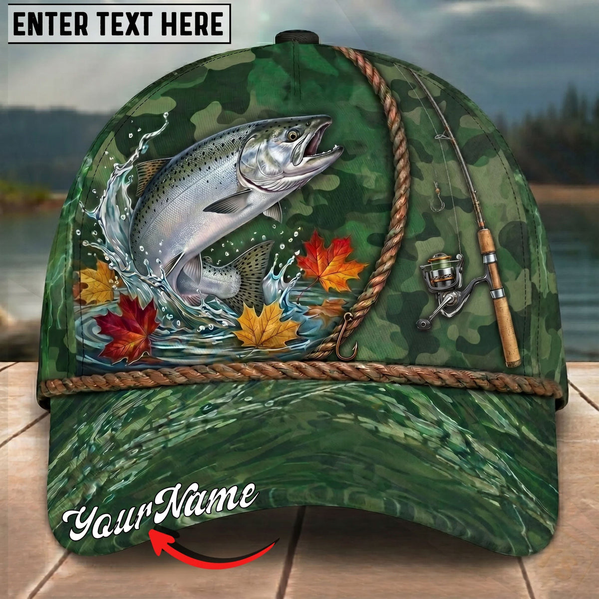 BlueJose Fishing Green Camo Autumn Leaves Rope Personalized Name Classic 3D Cap Personalized Cap (13 Breeds)