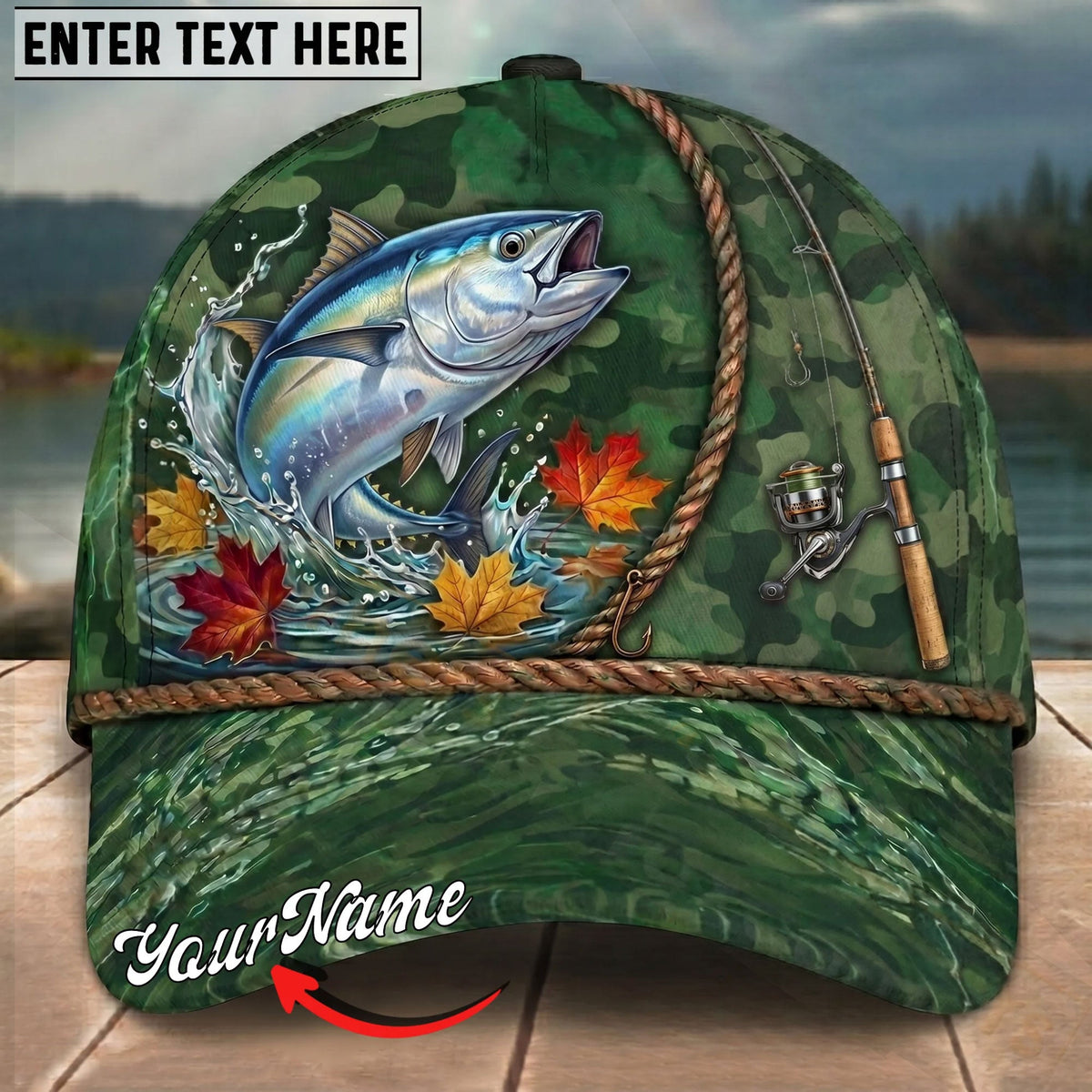 BlueJose Fishing Green Camo Autumn Leaves Rope Personalized Name Classic 3D Cap Personalized Cap (13 Breeds)