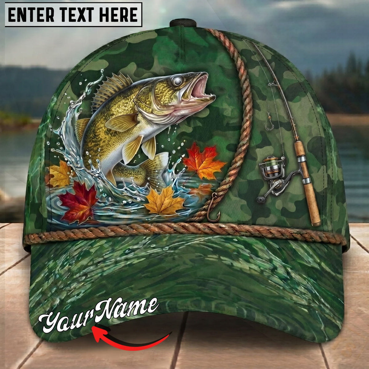 BlueJose Fishing Green Camo Autumn Leaves Rope Personalized Name Classic 3D Cap Personalized Cap (13 Breeds)
