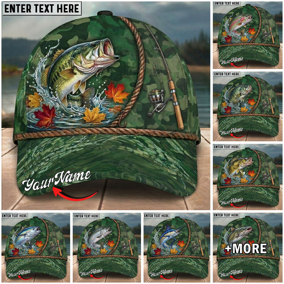BlueJose Fishing Green Camo Autumn Leaves Rope Personalized Name Classic 3D Cap Personalized Cap (13 Breeds)
