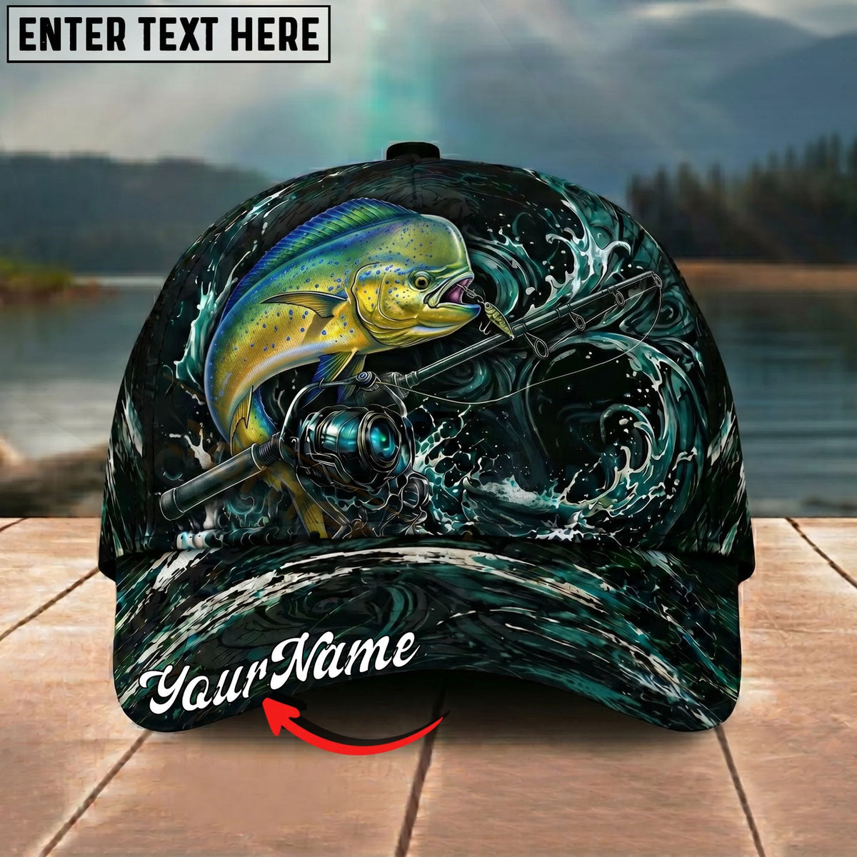 BlueJose Fishing Dark Ocean Swirl Rod Splash Personalized Name Classic 3D Cap Personalized Cap (13 Breeds)