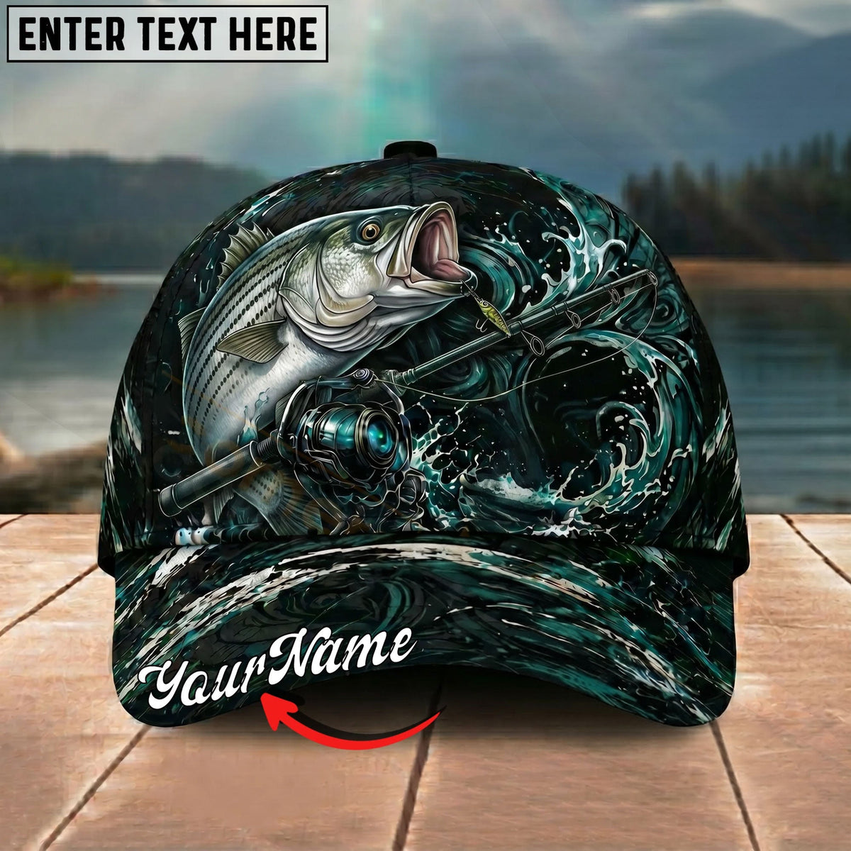 BlueJose Fishing Dark Ocean Swirl Rod Splash Personalized Name Classic 3D Cap Personalized Cap (13 Breeds)