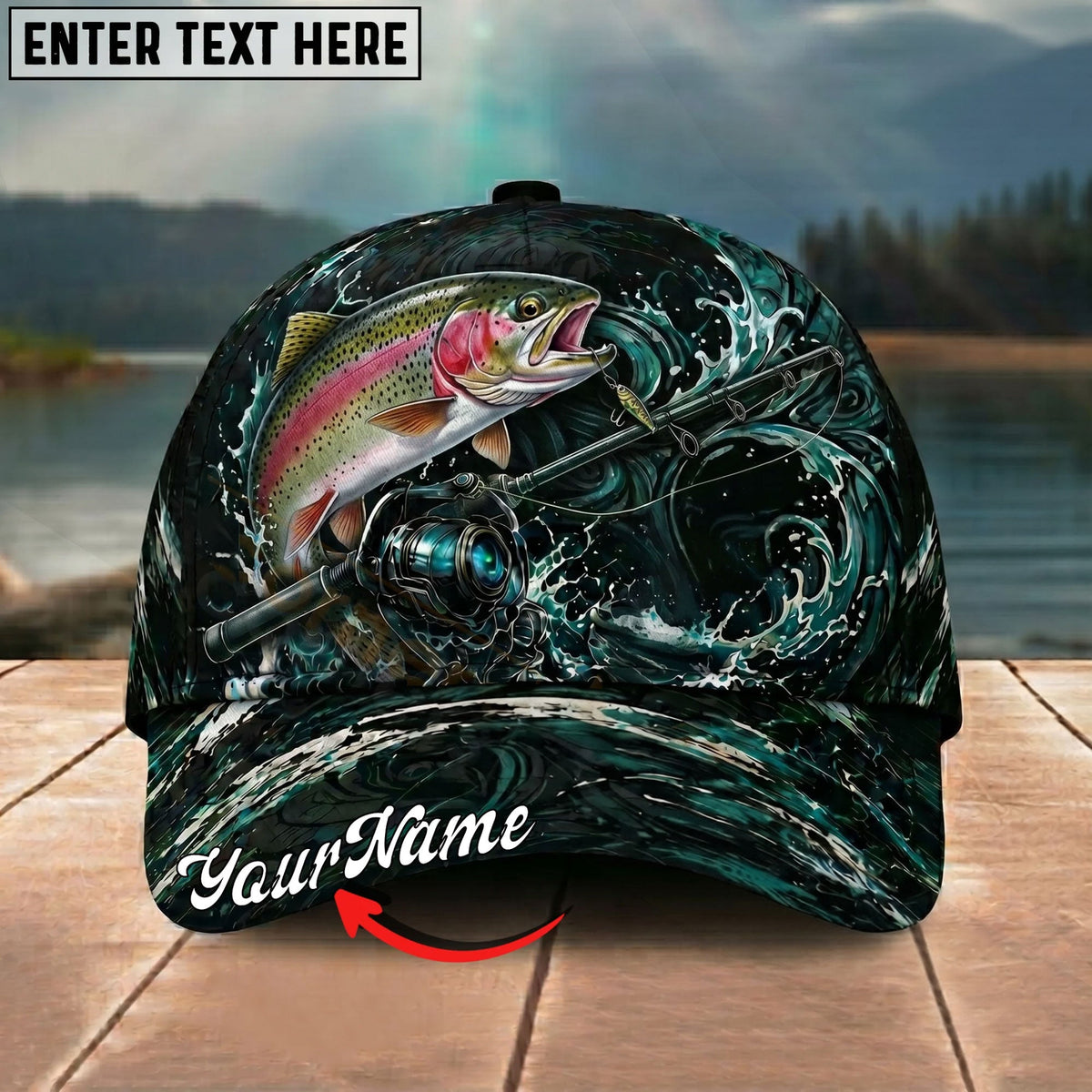 BlueJose Fishing Dark Ocean Swirl Rod Splash Personalized Name Classic 3D Cap Personalized Cap (13 Breeds)