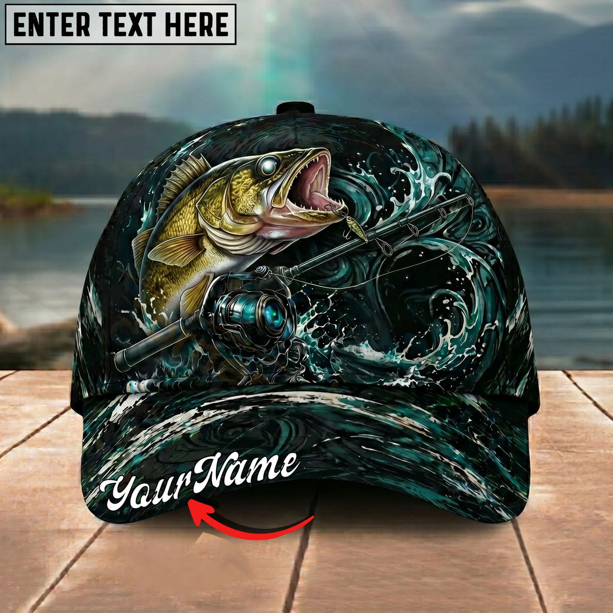 BlueJose Fishing Dark Ocean Swirl Rod Splash Personalized Name Classic 3D Cap Personalized Cap (13 Breeds)