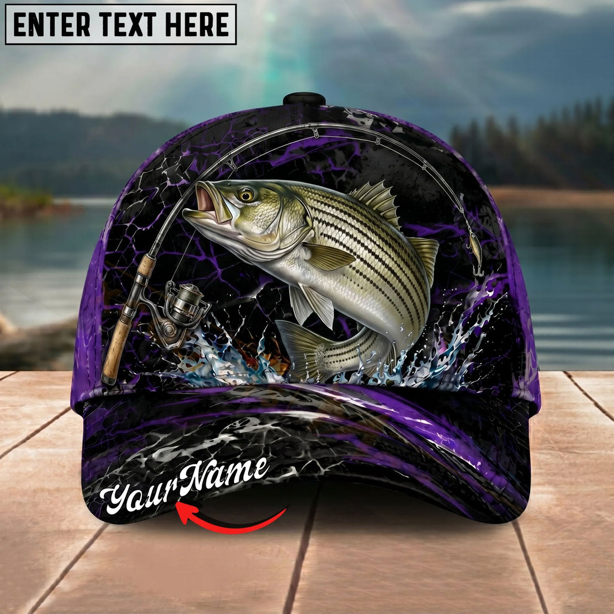 BlueJose Fishing Purple Lightning Rod Splash Personalized Name Classic 3D Cap Personalized Cap (13 Breeds)