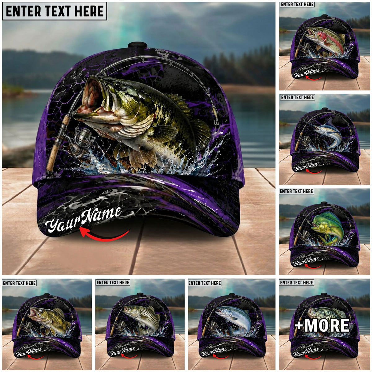 BlueJose Fishing Purple Lightning Rod Splash Personalized Name Classic 3D Cap Personalized Cap (13 Breeds)