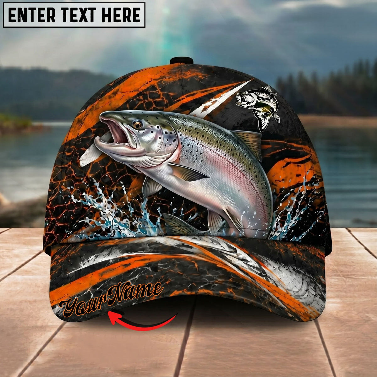 BlueJose Fishing Orange Lightning Water Splash Personalized Name Classic 3D Cap Personalized Cap (13 Breeds)