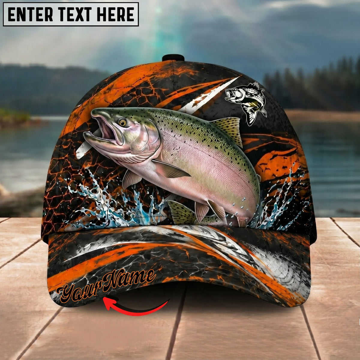 BlueJose Fishing Orange Lightning Water Splash Personalized Name Classic 3D Cap Personalized Cap (13 Breeds)