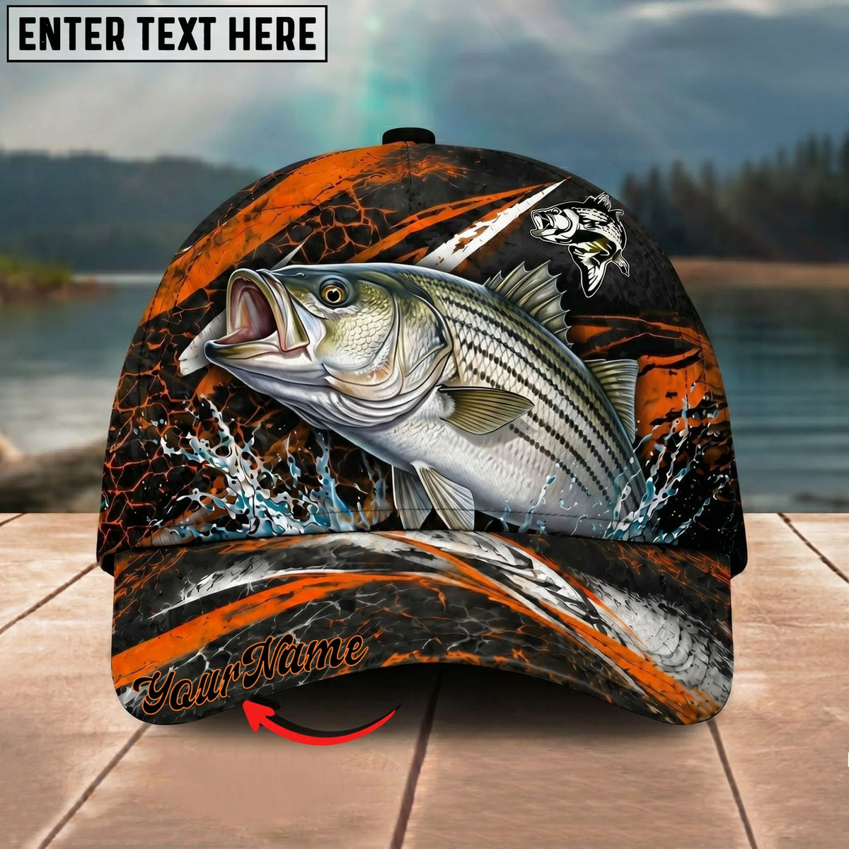 BlueJose Fishing Orange Lightning Water Splash Personalized Name Classic 3D Cap Personalized Cap (13 Breeds)