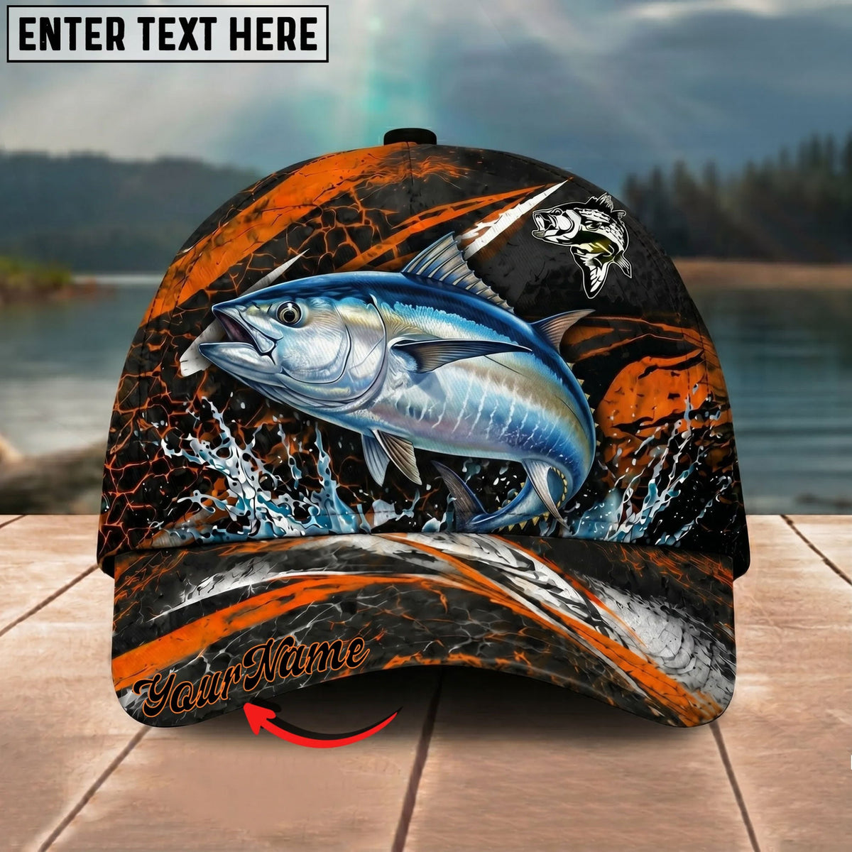 BlueJose Fishing Orange Lightning Water Splash Personalized Name Classic 3D Cap Personalized Cap (13 Breeds)
