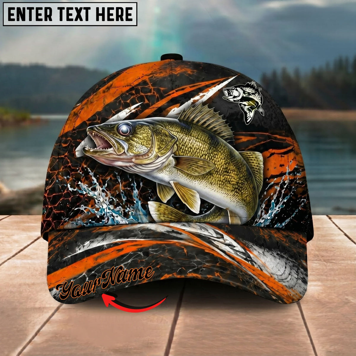 BlueJose Fishing Orange Lightning Water Splash Personalized Name Classic 3D Cap Personalized Cap (13 Breeds)