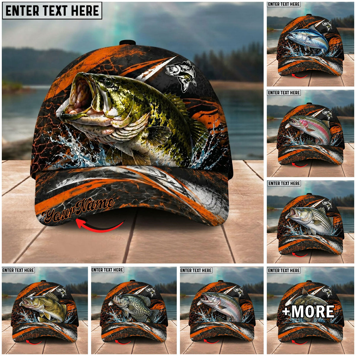 BlueJose Fishing Orange Lightning Water Splash Personalized Name Classic 3D Cap Personalized Cap (13 Breeds)