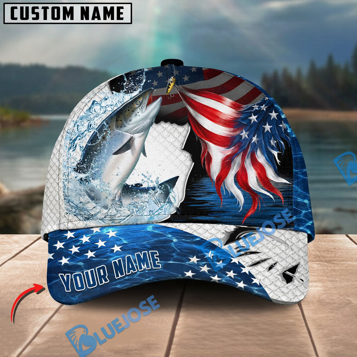 BlueJose Fishing USA Flag Hook White Scale Personalized Name Classic 3D Cap Personalized Cap (13 Breeds)