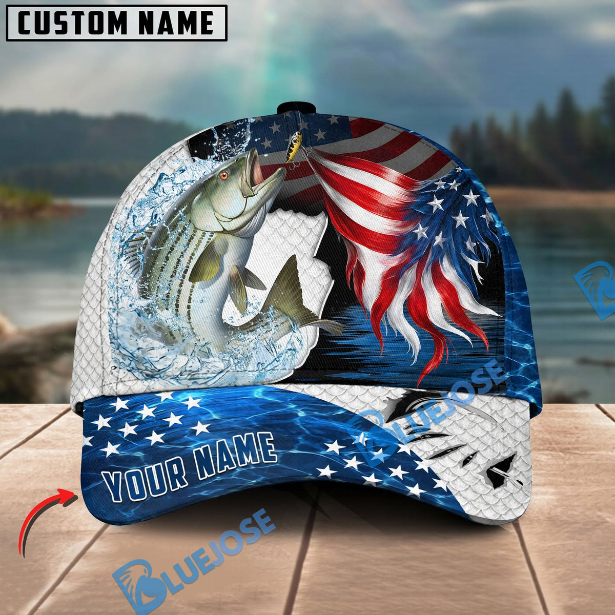BlueJose Fishing USA Flag Hook White Scale Personalized Name Classic 3D Cap Personalized Cap (13 Breeds)