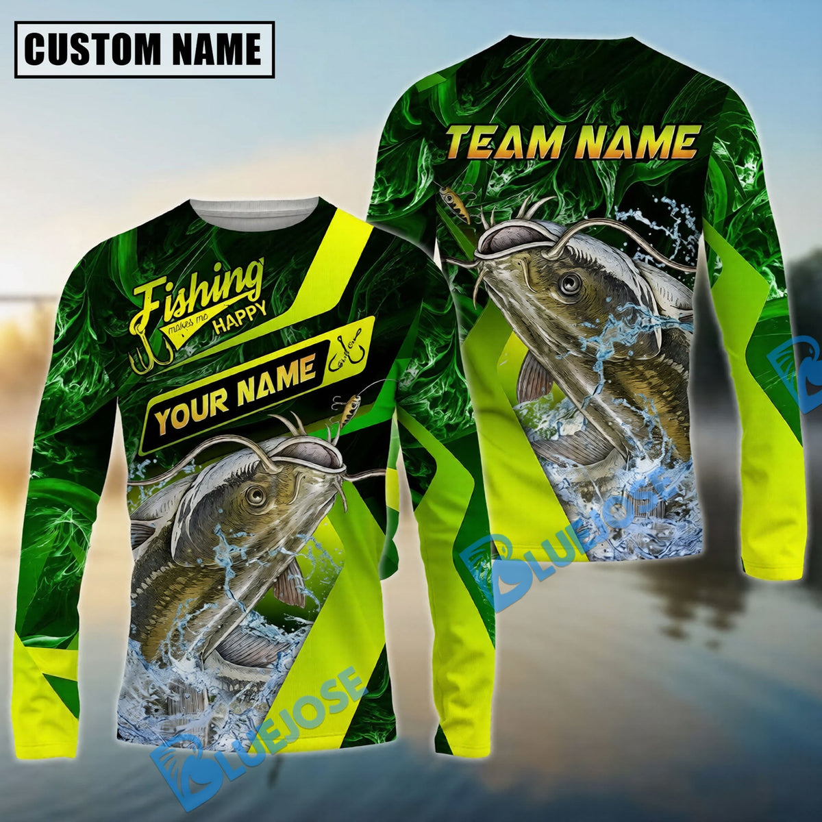 BlueJose Catfish Fishing Green Neon Splash Water Artwork Custom Name & Team Name 3D Shirts