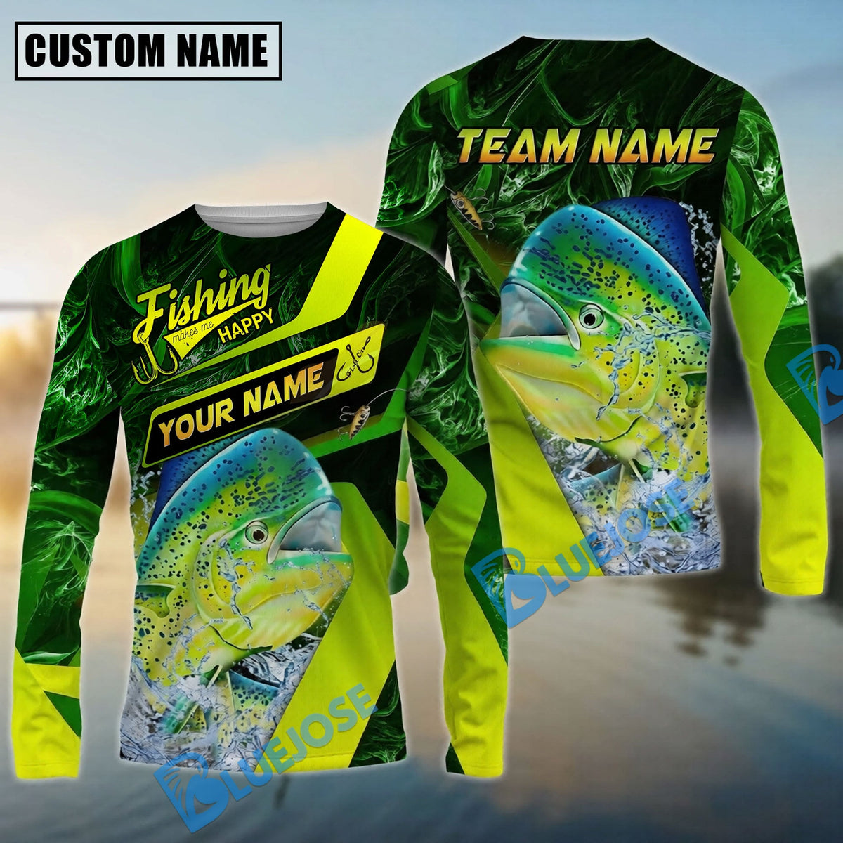 BlueJose Mahi-mahi Fishing Green Neon Splash Water Artwork Custom Name & Team Name 3D Shirts