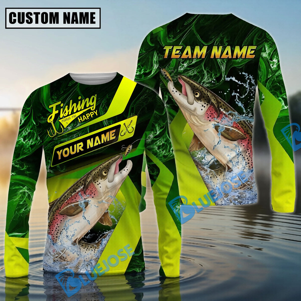 BlueJose Salmon Fishing Green Neon Splash Water Artwork Custom Name & Team Name 3D Shirts