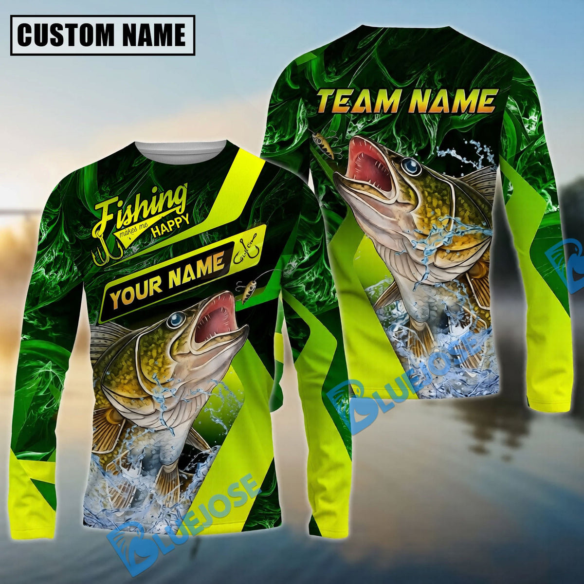 BlueJose Walleye Fishing Green Neon Splash Water Artwork Custom Name & Team Name 3D Shirts