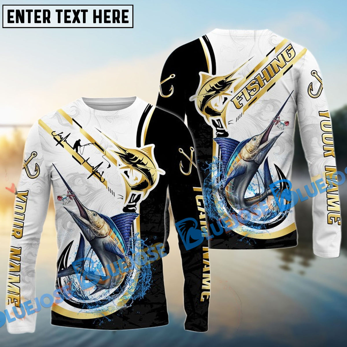 BlueJose Marlin Fishing Black Golden Hook Name & Team Name 3D Shirts