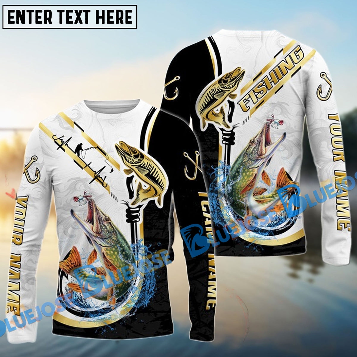 BlueJose Pike Salmon Fishing Black Golden Hook Name & Team Name 3D Shirts