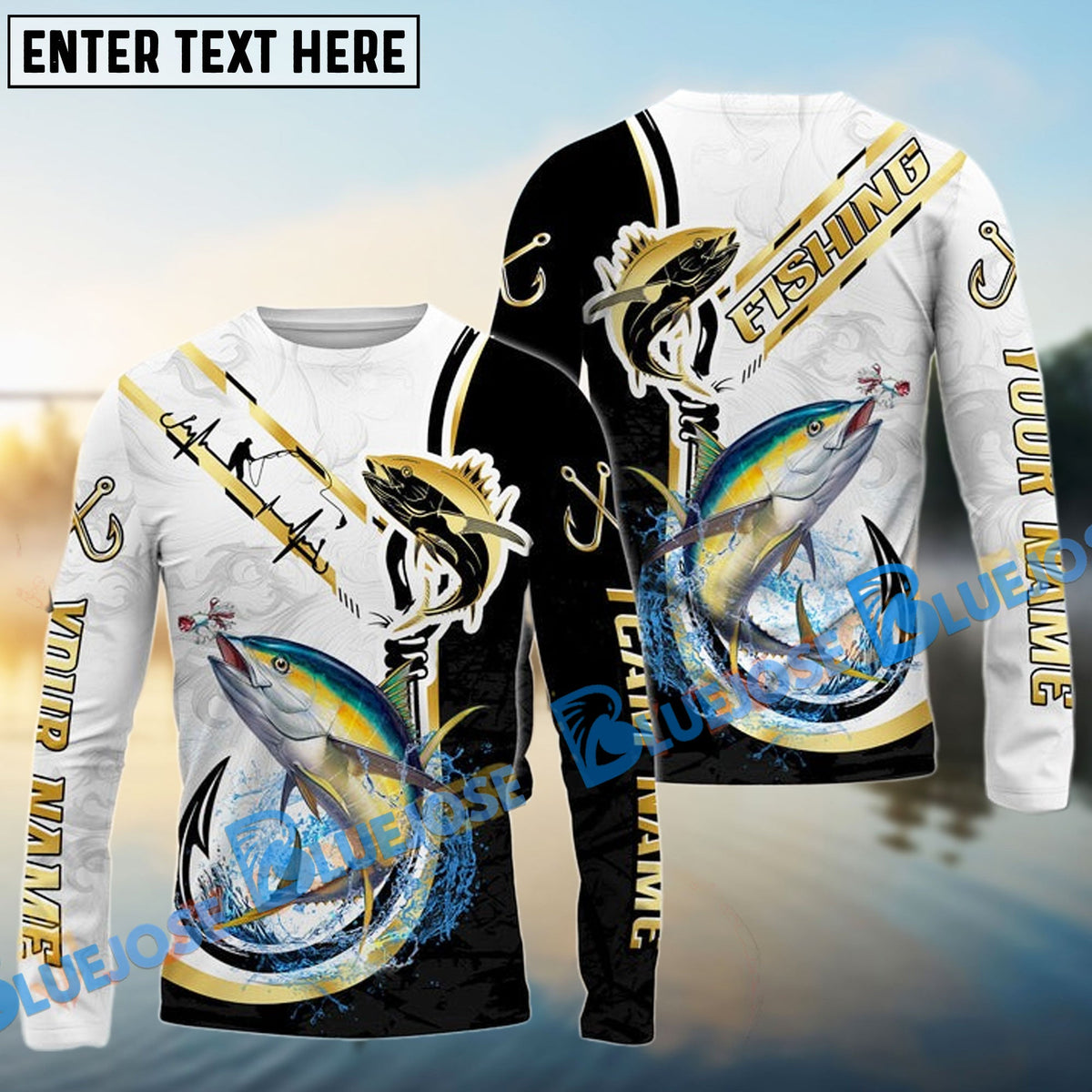 BlueJose Tuna Fishing Black Golden Hook Name & Team Name 3D Shirts