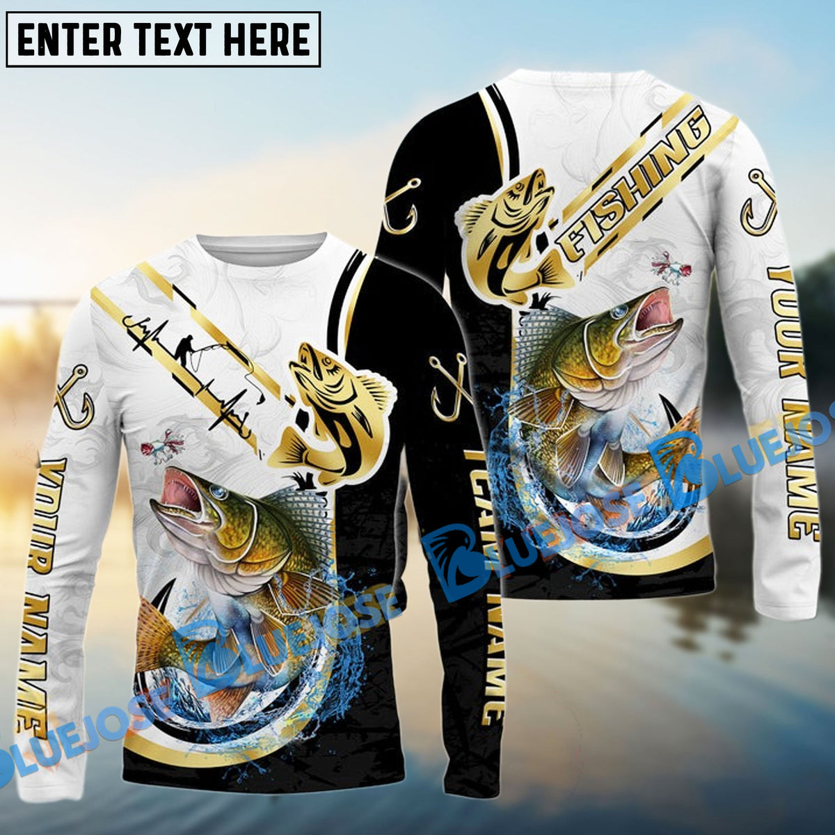 BlueJose Walleye Fishing Black Golden Hook Name & Team Name 3D Shirts