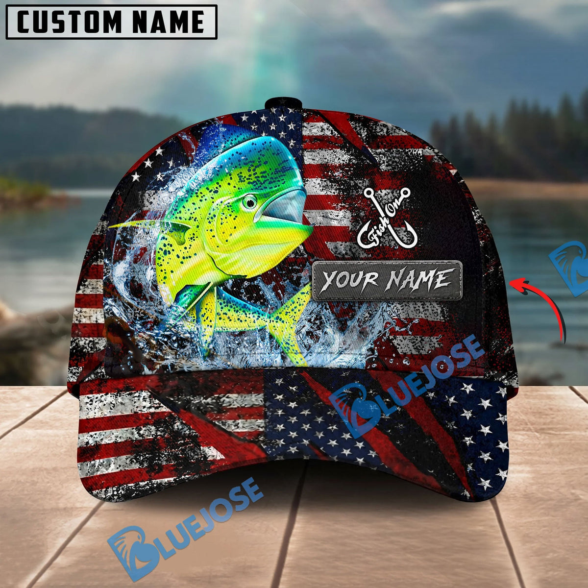 BlueJose Fishing American Flag Red Scratch Personalized Name Classic 3D Cap (13 Breeds)