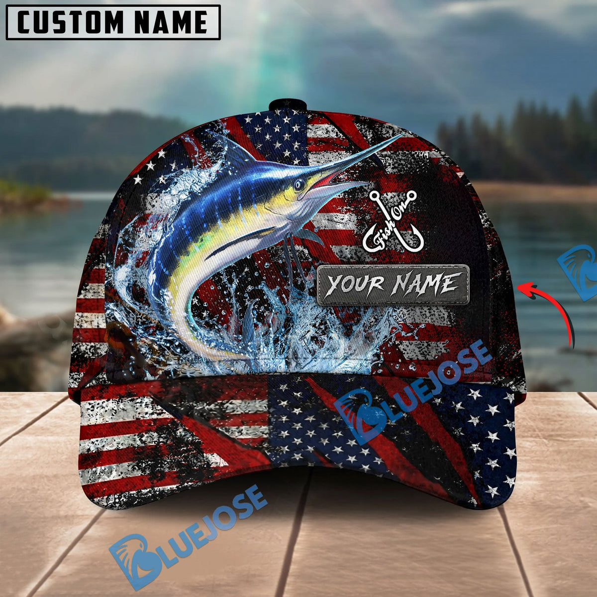 BlueJose Fishing American Flag Red Scratch Personalized Name Classic 3D Cap (13 Breeds)