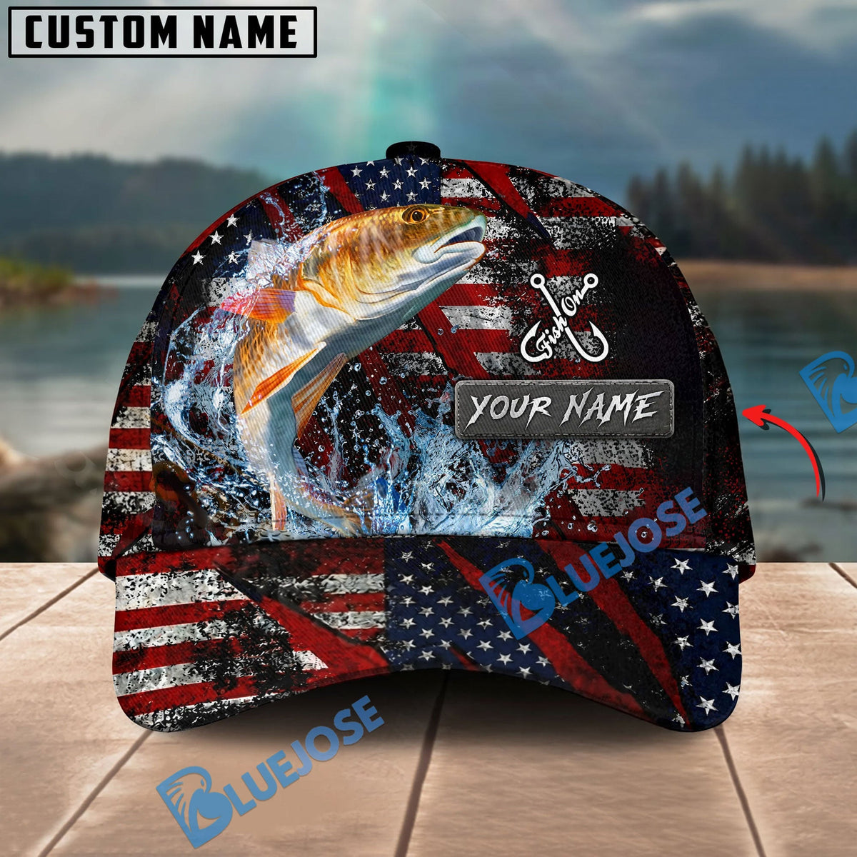 BlueJose Fishing American Flag Red Scratch Personalized Name Classic 3D Cap (13 Breeds)
